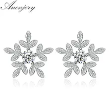Anenjery 925 пробы серебряные серьги-гвоздики со снежинками, цирконием и кристаллами для женщин, цветы, листья, украшения для ушей, серьги oorbellen