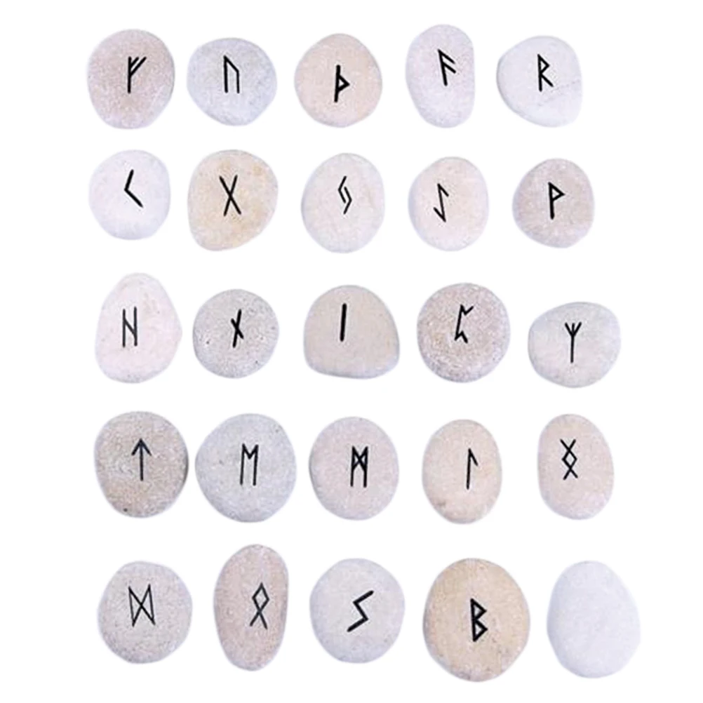 

Natural Engraved Riverstones Viking Runes Stones Set Carved Black Lettering