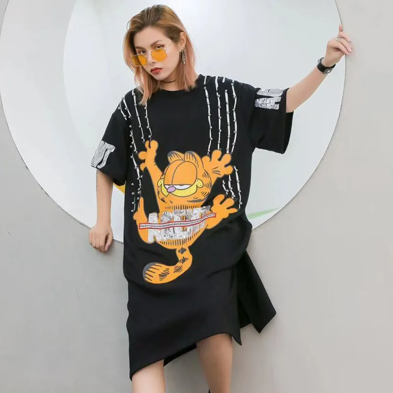 

Spring and summer 2019 new Thai brand Garfield cat print sequins, nailing beads, women's medium-and long-sleeved dress