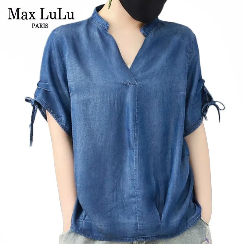 Max LuLu 2019 летние модные корейские дизайнерские женские панк уличные женские джинсовые топы и блузки винтажные рубашки с v-образным вырезом