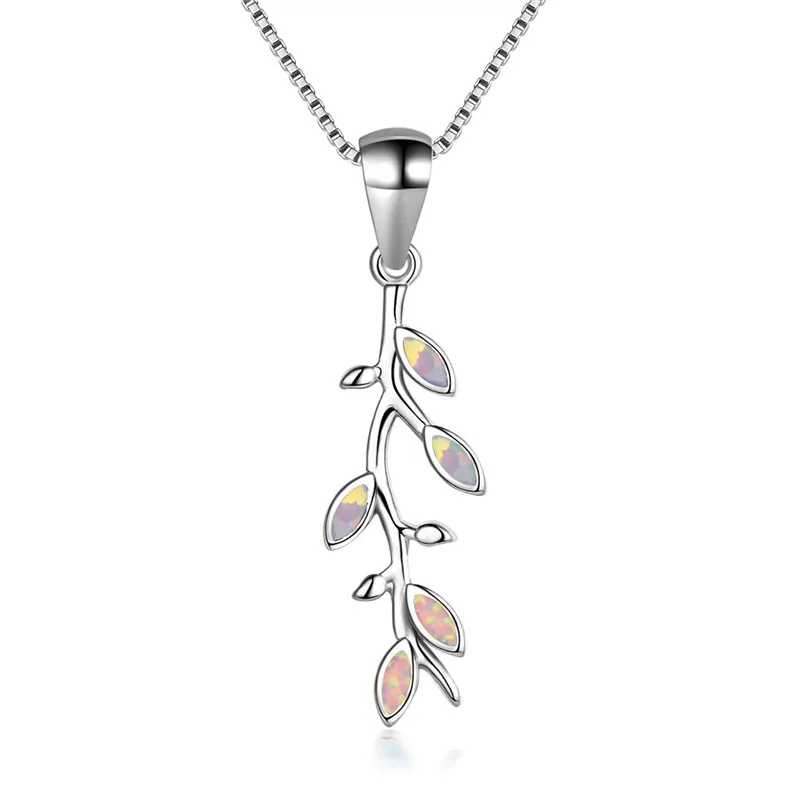 

Boho Female Big Leaf Pendants Necklaces Fashion Silver Color White Blue Opal Necklaces For Women Vintage Wedding Jewelry