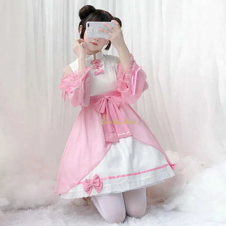 Милый костюм в китайском стиле для девочек, розовый, Лолита, синий, для взрослых, Hanfu, для женщин, шифоновая, с открытыми плечами, милая, в стиле Лолиты, традиционная Han Tang юбка - Цвет: Розовый
