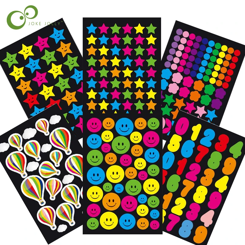 

6sheets/set Colourful Black Smile Face Star Digital Balloon Stickers Decal Kids Children Teacher Praise Merit office WYQ