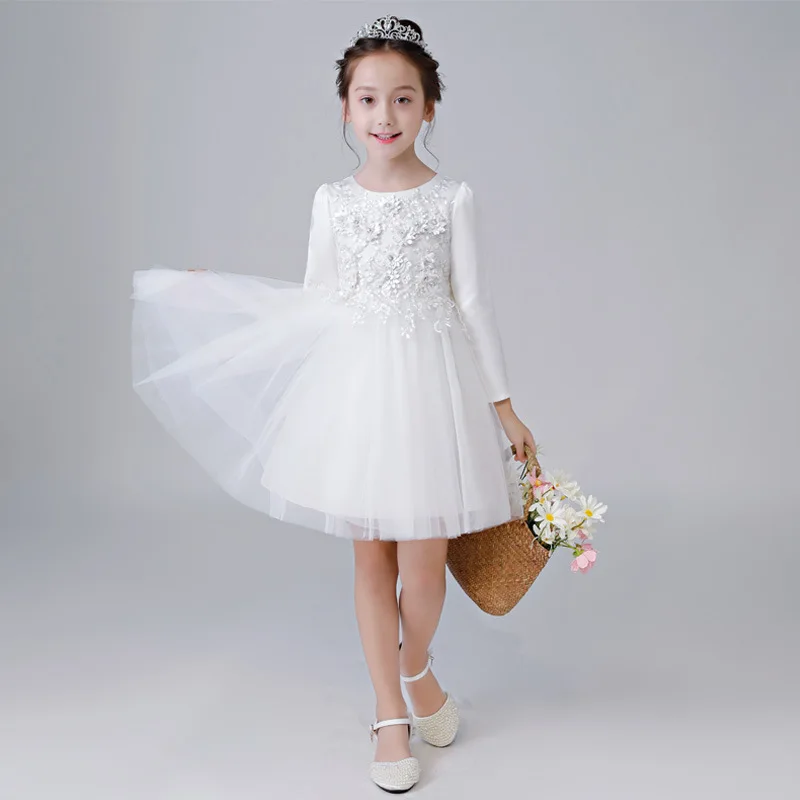 Элегантное платье принцессы с длинными рукавами и вышивкой для девочек детские праздничные платья для дня рождения и вечеринки для подростков модельные платья для выступлений - Цвет: White Short Dress