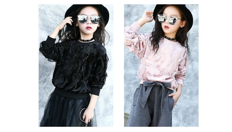 lace patchwork velour little teenage girls t shirts 2017 autumn kids tees black children long sleeve t shirts school clothing (1)