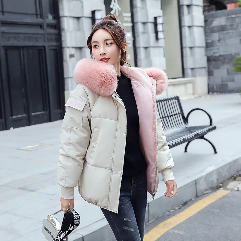 

Simple 3D/three-dimensional pattern hit color Women's down jacket short loose Raccoon Fur big fur collar women's winter coat