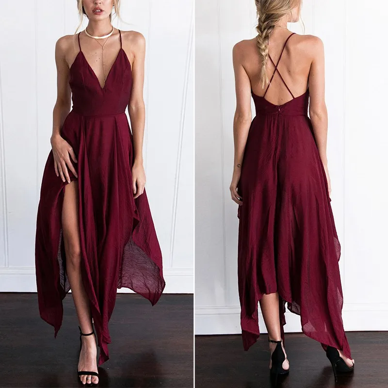 wine red  Deep V Neck Backless Long Slit Side Cami Dress  