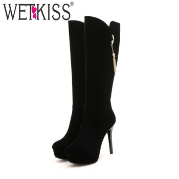 

WETKISS Black Knee High Women Boots Round Toe Footwear Tassel Rubber Platform Female Boot Fashion Shoes Women 2018 Plus Size 42