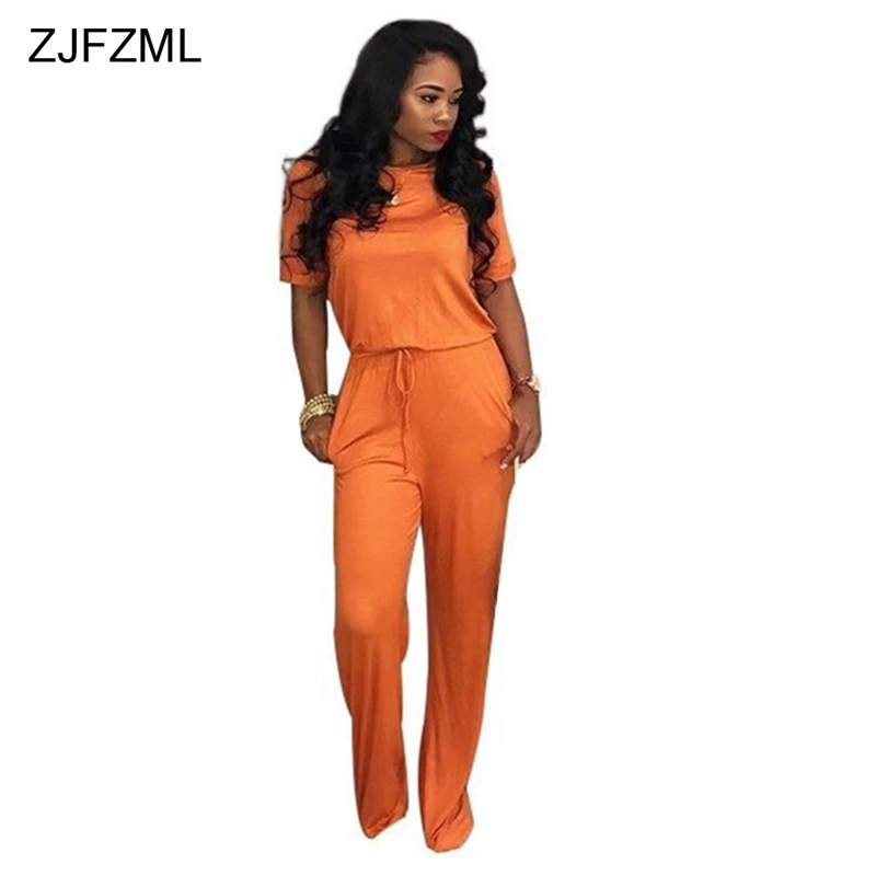 ZJFZML 2018 New Summer Casual Full Rompers Womens Jumpsuit Short Sleeve Long Pants Sexy Overalls Streetwear Spandex Body Romper