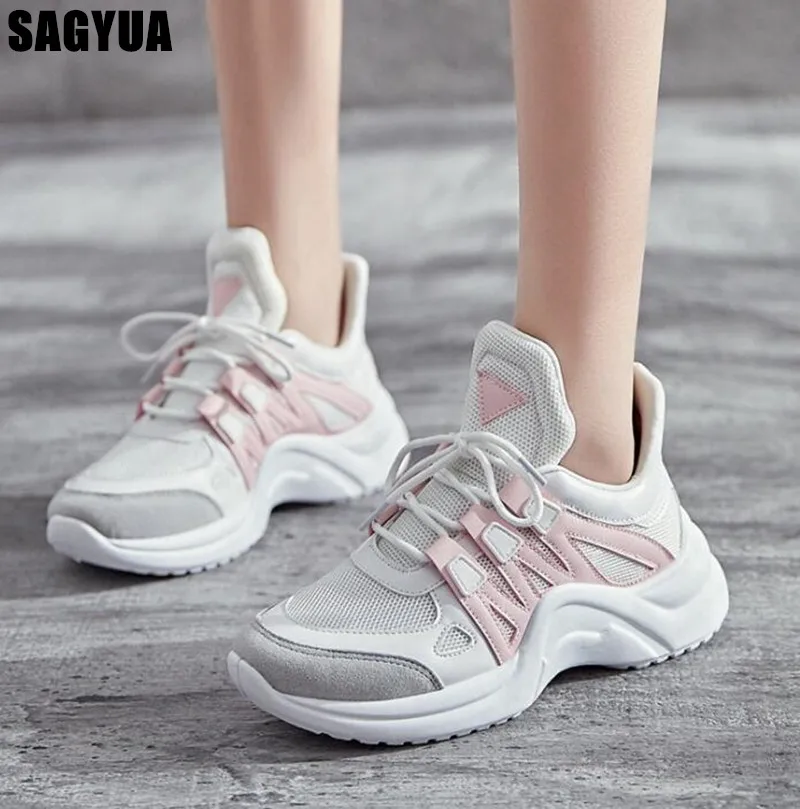 

2019 Spring New Women shoes Wedges Platform Sneakers Fashion Mesh Breathable lace up Casual shoes ladies Leisure Footwears A172