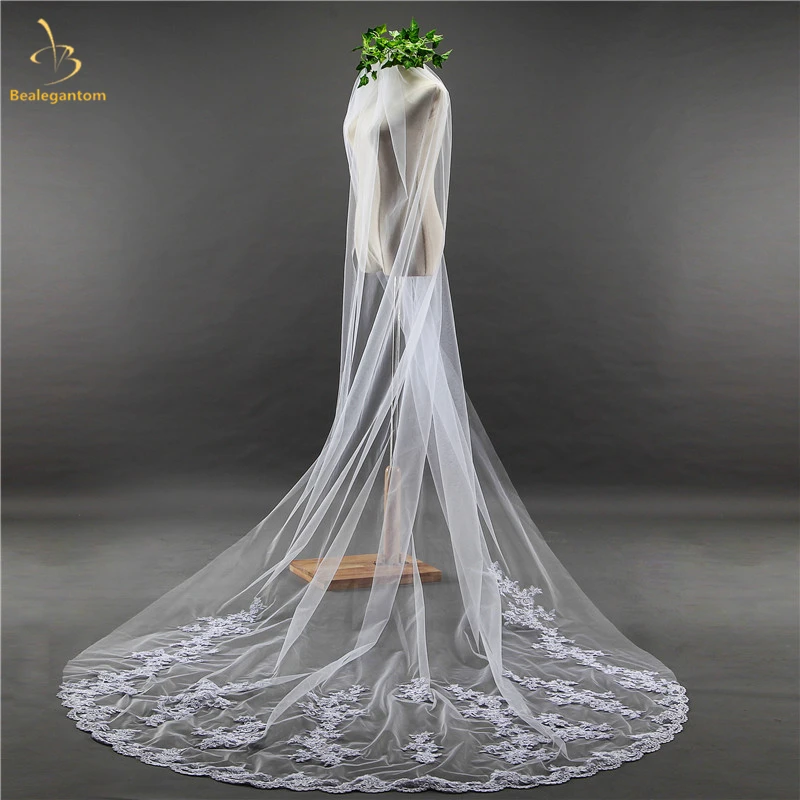 

2019 New Style White Wedding Veils Veu De Noiva Lace 3 M Long Wedding Veils Appliqued Edge Tulle Bridal Veil QA1292