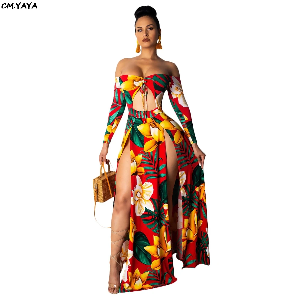 

women off shoulder long sleeve tie up cut out front floral print maxi dress high split beach club sexy long dresses 2color S3518