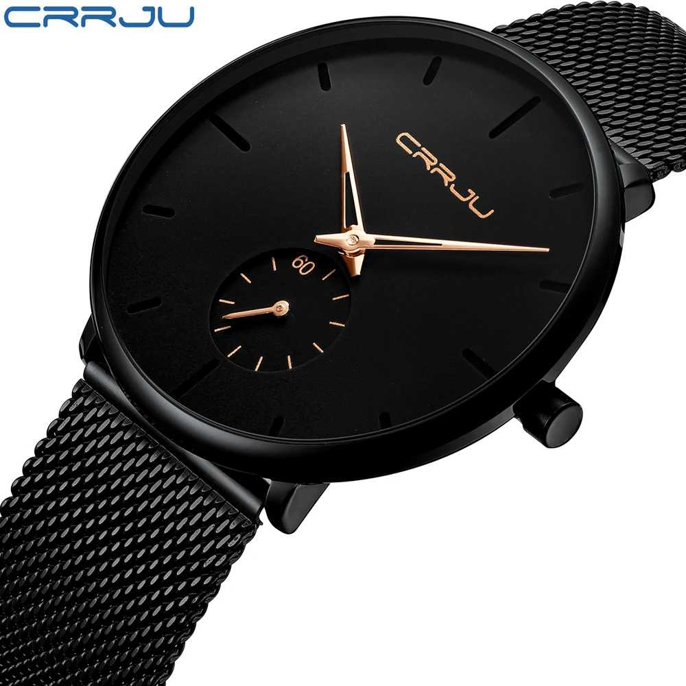 

Crrju Top Brand Luxury Quartz Watch men Casual Black Japan quartz-watch stainless steel Face ultra thin clock male Relogio New
