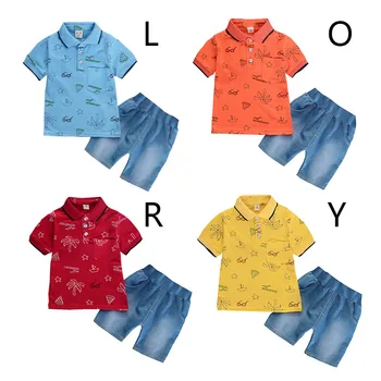 

Cotton Multicolor Boy Coconut Coconut Lapel Summer New Cotton Korean Sailing Shirt + Denim Shorts Boys Set 2019 Hot