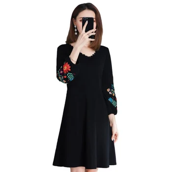 

High Quality Embroidery Dress Women Casual V- Neck Flower Embroidered Slim Vintage Black A Line Dress Plus Size