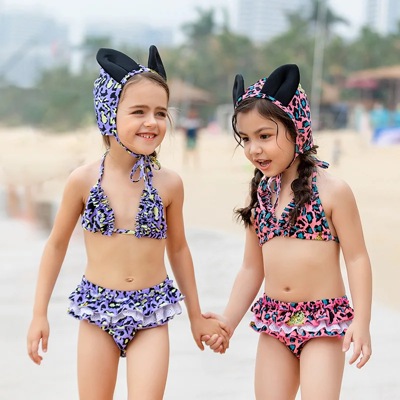 

3 piece set Girl bikini swimsuit New children's swimsuit Leopard kids bikini Girls split swimsuit girls bathing suits baby swim