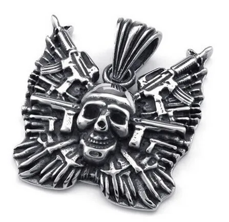 

Fashion Mens Biker Gothic Gun Skull Stainless Steel Pendant Necklace Send Chain Drop Shipping