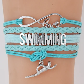 

(10Pcs/Lot) Infinity Love Swimming Bracelet Swim Charm Handmade Leather wrap Bracelets & Bangles Best Gift For Swimmers