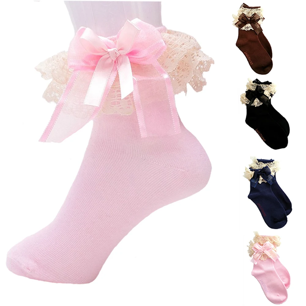 1 Pair Girls Kids Toddlers Black Dark Blue Pink Lace Trim Frilly School