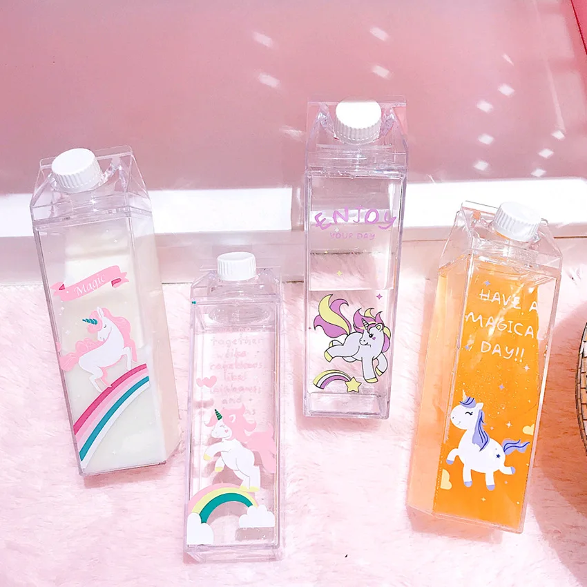 

500ml Rainbow Horse Unicorn Water bottles Milk Box Shape Transparent Plastic Cartoon Drink Bottle Coffee Beer Drinkware