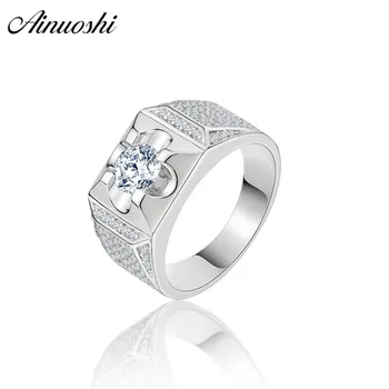 

AINOUSHI Classic 925 Sterling Silver Men Wedding Engagement Ring 1 Carat Round Cut Original Male Silver Anniversary Party Rings