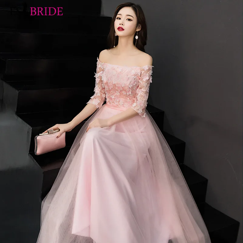 

Pink Formal Dress Women Elegant Muslim Evening Dress Lace Appliques Special Occasion Dresses Cute Princess Evening Gown ES1973