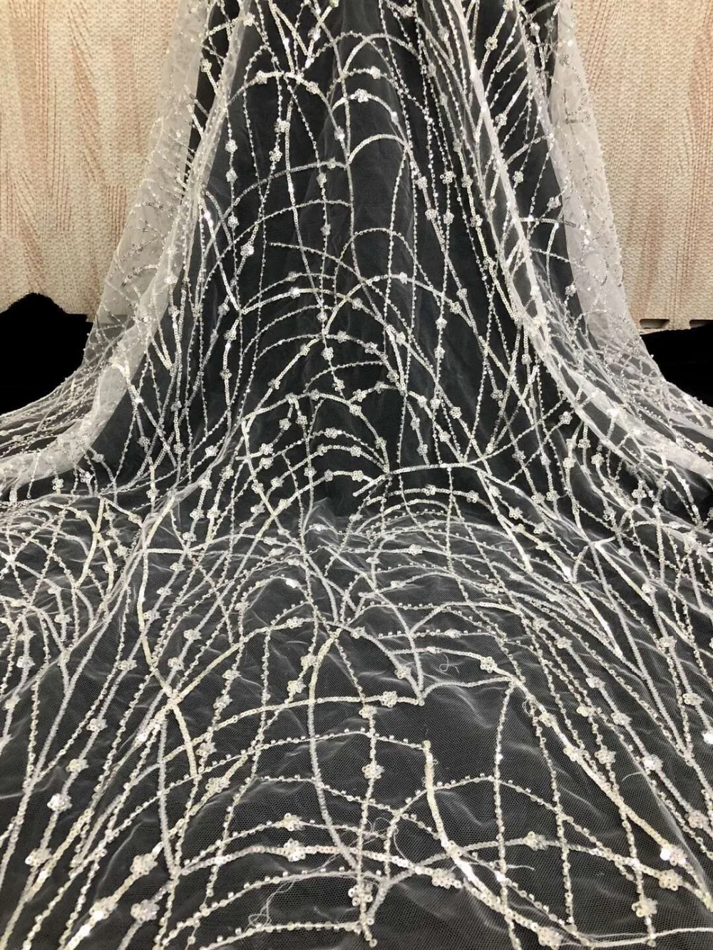 

African French net lace fabric with sequins and beads wonderful embroidery for party