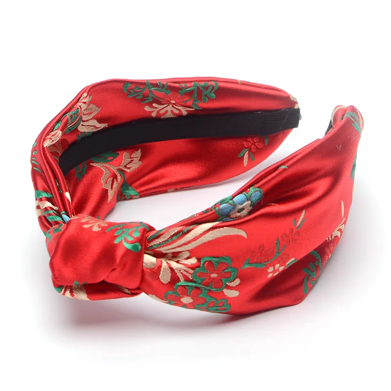 Китайский стиль, вышитый цветок, лента для волос, атласная шелковая повязка на голову с узлом для девушек и женщин, тюрбан, завязанная повязка на голову, аксессуары для волос