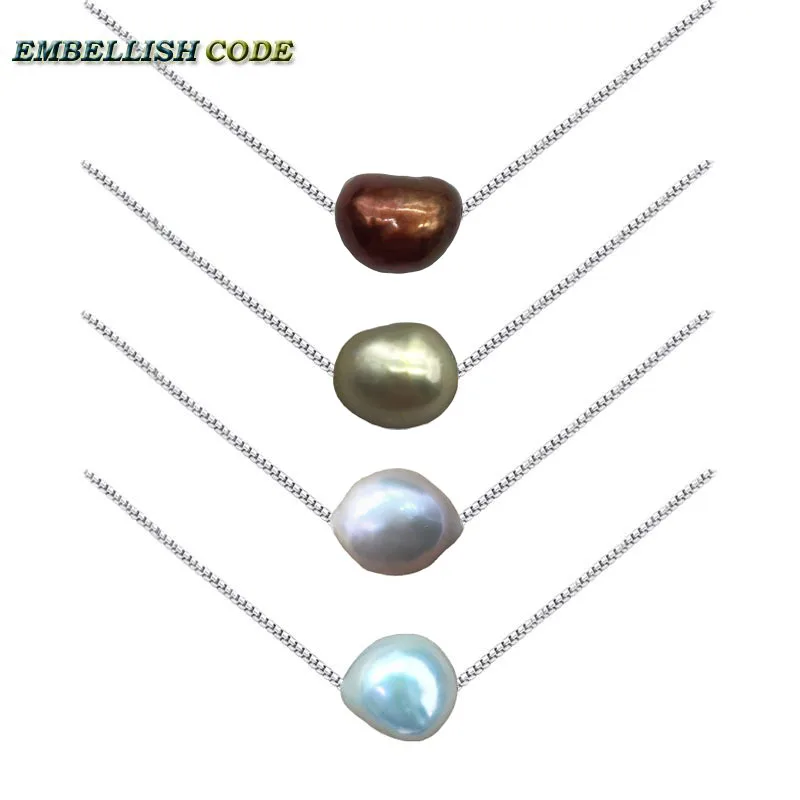 

hot Simple small baroque pearl pendant necklace white light gray coffee green yellow box chain 925 silver 16'' 18'' for Lady