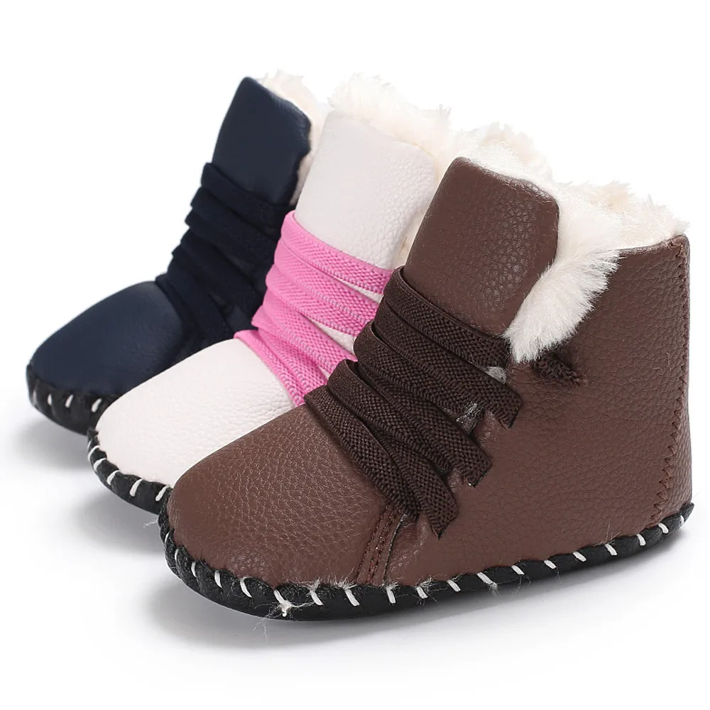 Infant Shoes Girls Crib Leather Baby Lace Up Sown Boots Winter Newborn Toddler First Walker Sole