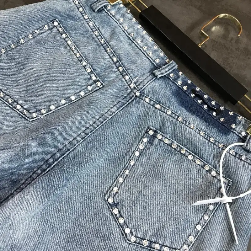 summer new rhinestone beaded personality shiny wash white denim shorts