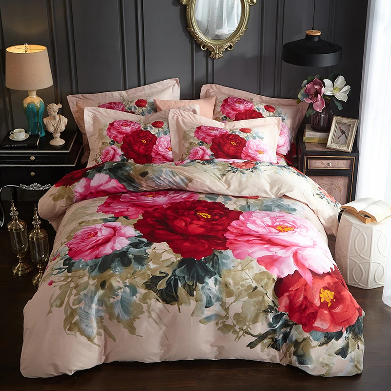 Pink Red Flowers Watercolor Painting Bedding Set Queen King Size