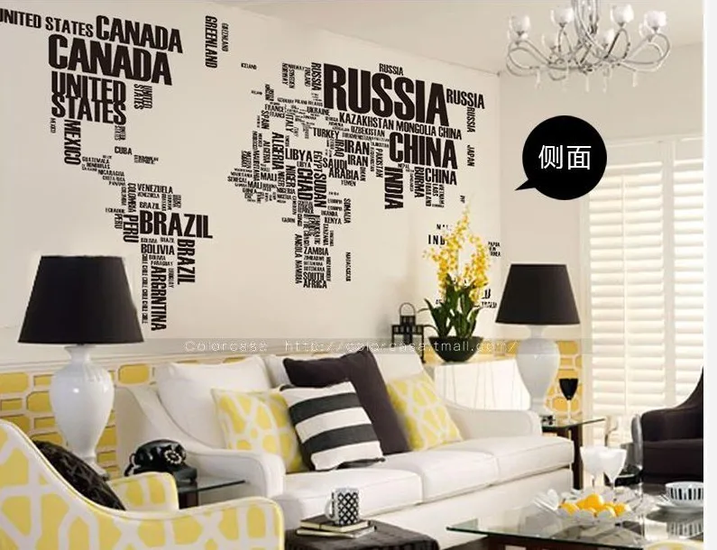 Черные буквы карта мира настенные наклейки Съемная наклейка adesivo adesivos decorativos
