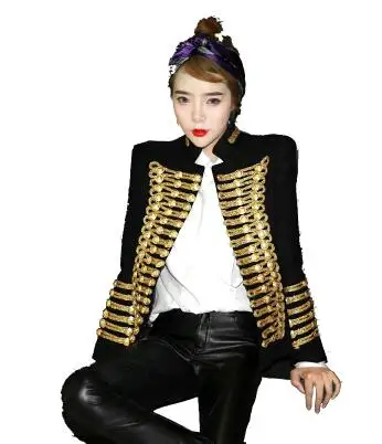Women blazer fashion coats Military uniform court gold silk autumn and winter blazer ladies suits - Цвет: black gold