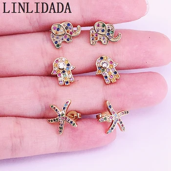 

10Pair Rainbow cz hamsa hand/Elephant earring mini cute delicate gold jewelry for women fashion
