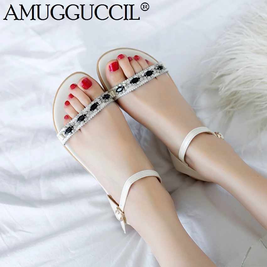

2019 New Genuine Leather Plus Big Size 31-46 Black White Beige Buckle Crystal Fashion Girl Lady Summer Women Flats Sandals L1035