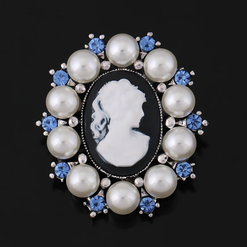 

Gothic Victorian Style Head Blue Crystal White Pearl Cameo Brooch Pins for Women Rhinestone Vintage Brooches Accessories Jewelry