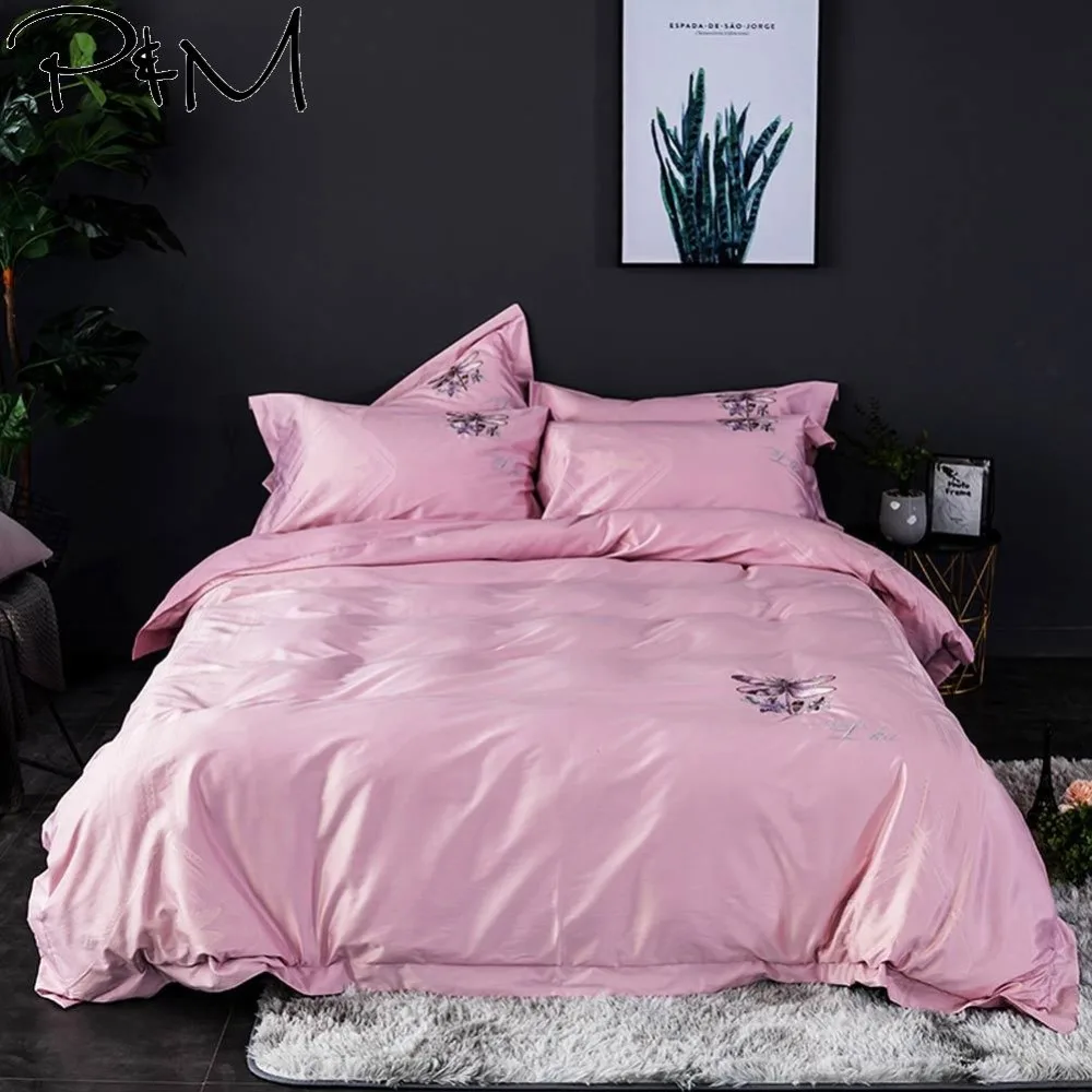 

2019 European Pink Dragon Fly Bedlinens Queen King Size Silk Cotton Jacquard Duvet Cover Set Embroidery Pillowcases