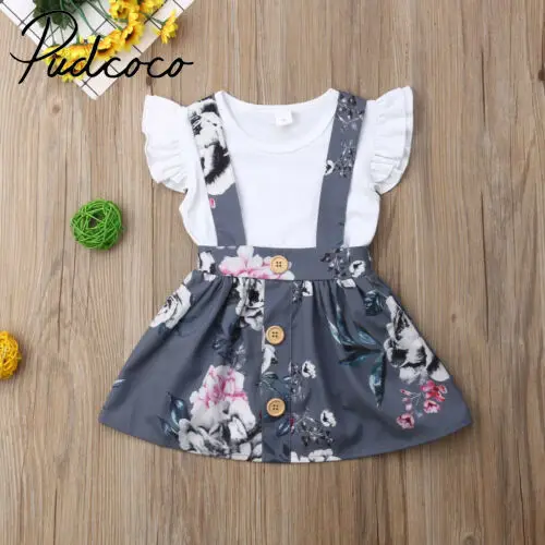 Летний комплект из 2 предметов для маленьких девочек Комбинезон, комбинезоны, топы с цветочным принтом, короткая юбка на бретелях, комбинезон, комплект одежды для детей от 0 до 24 месяцев