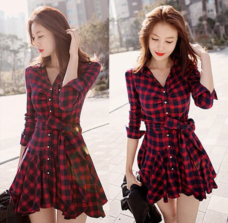

New Fashion Women Summer Casual Long Sleeve Red Black Plaid Evening Party Short Mini Pleated Dress