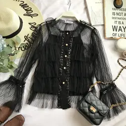 Новые осенние шею длинным рукавом Марля Кружевная рубашка пайетки Camisas Mujer корейской моды Костюмы женские топы D119