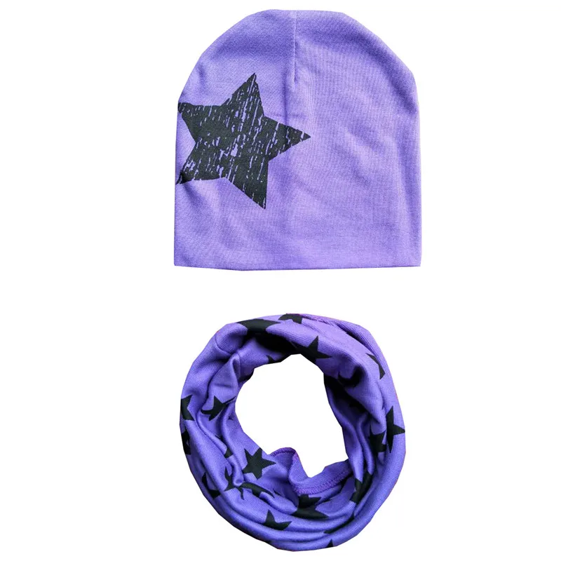 Осенне-зимний детский комплект с шапочкой для мальчиков и девочек, весенний теплый для шеи воротник, детские вязаные шапки, комплекты хлопковая детская шляпа, шарф - Цвет: purple big star set