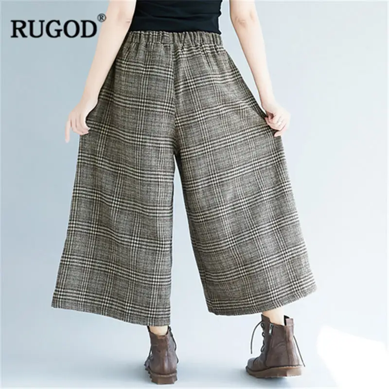 RUGOD 2019 Модные клетчатые женские брюки с высокой талией широкие повседневные