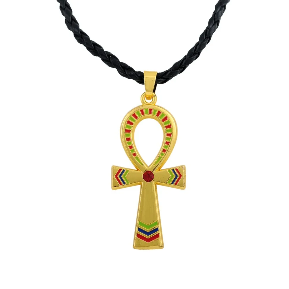 

my shape Gold Color Egyptian Ankh Cross Enamel Pendant Cord Chain Necklace Religious Style Jewelry for Women & Men