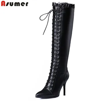 

ASUMER 2020 fashion women knee high boots pointed toe soft leather lace up high heels boots classic women auutmn winter boots