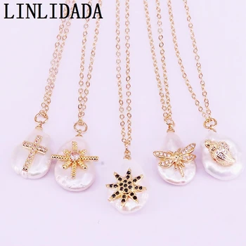 

10PCS, Mix Random Fashion Gold Color Nature Pearl with CZ Micro Pave Charm Necklace