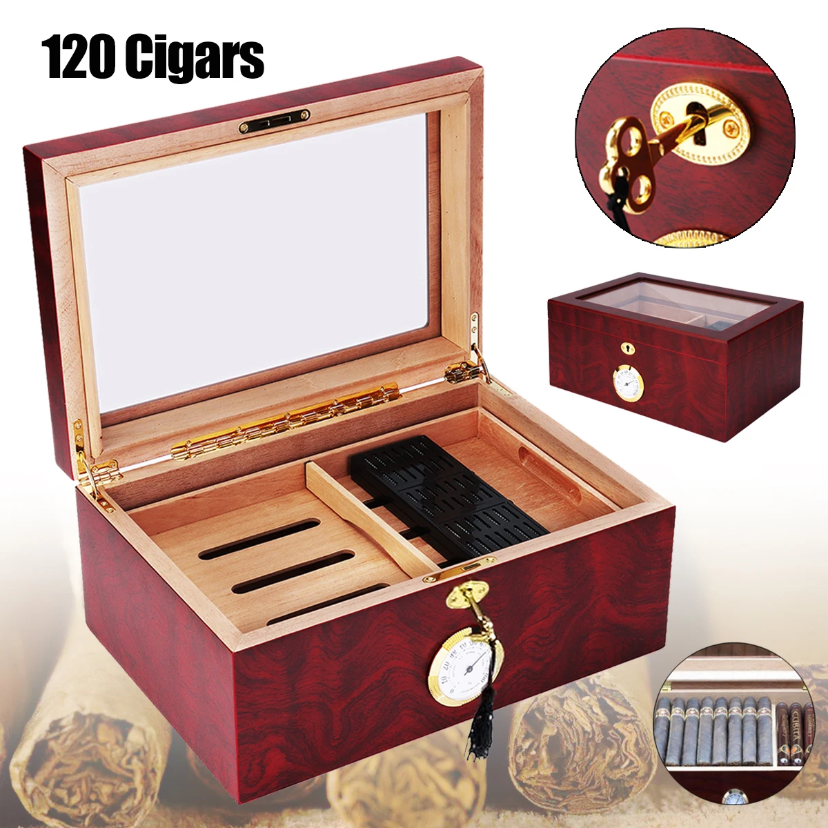 YKPuii Portable Brown Cigar Case Cedar Wood Wooden Cigar Storage Box with Humidor Humidifier Keys Cigar Accessories