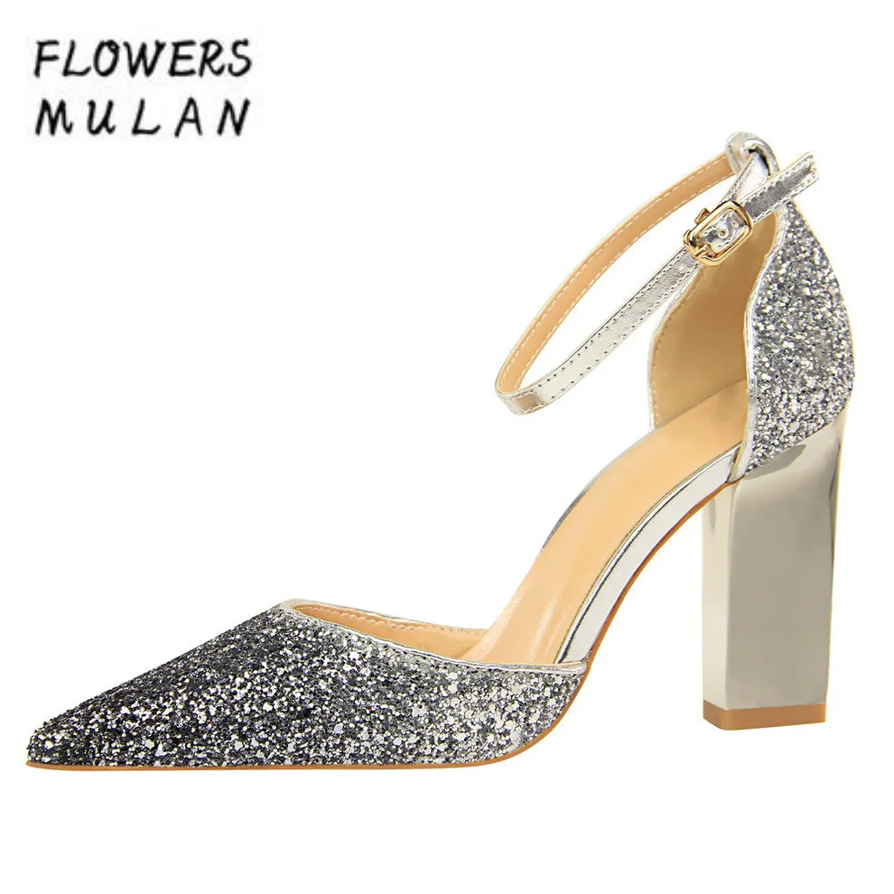 

Mixed Color Bling Squined Leather Gradient High Heels Sandals Shoes Elegant Pointed Toe Cover Heel Ankle Strap Lady Gladiators