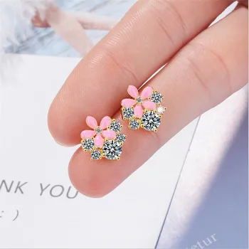 

New Beautiful Pink Small Sweet Temperament Flash Crystal 925 Sterling Silver Jewelry Personality Flower Stud Earrings SE836