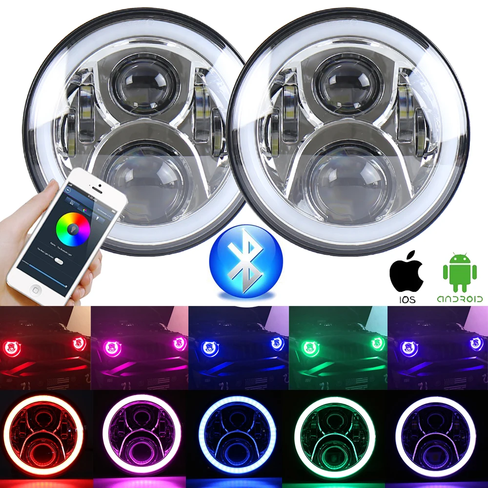 2шт RGB Halo Angel Eye Bluetooth дистанционный 7 дюймовый налобный фонарь для 1997 ~ 2016 Jeep Wrangler JK LJ